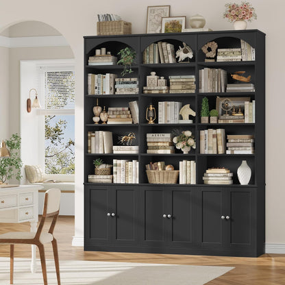 GoFurnitureHub 78" Arched Bookcase with Doors – 15-Shelf Wide Storage Cabinet, Black