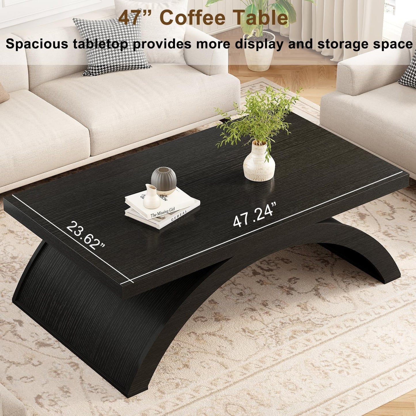 GoFurnitureHub 47" Modern Rectangular Coffee Table – Black Oak