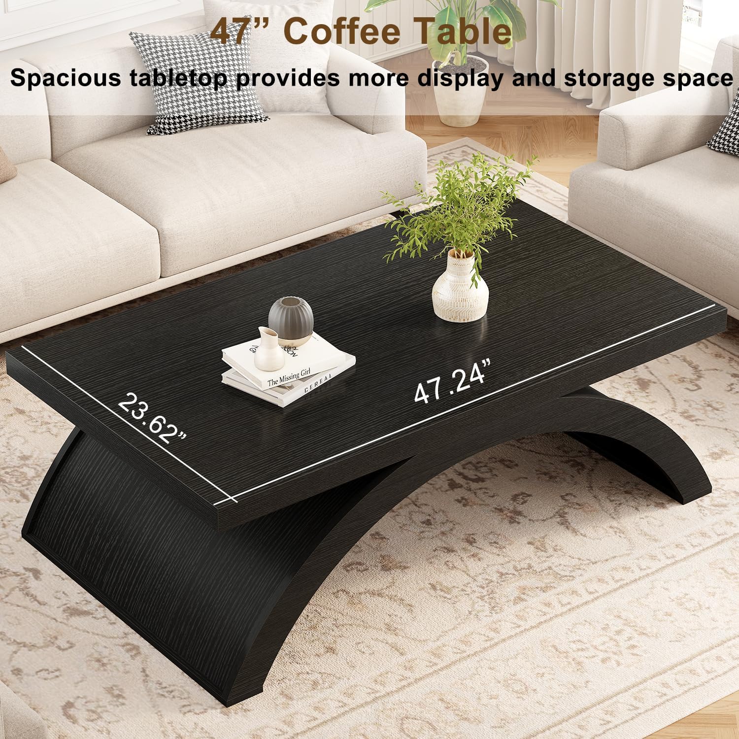 GoFurnitureHub 47" Modern Rectangular Coffee Table – Black Oak