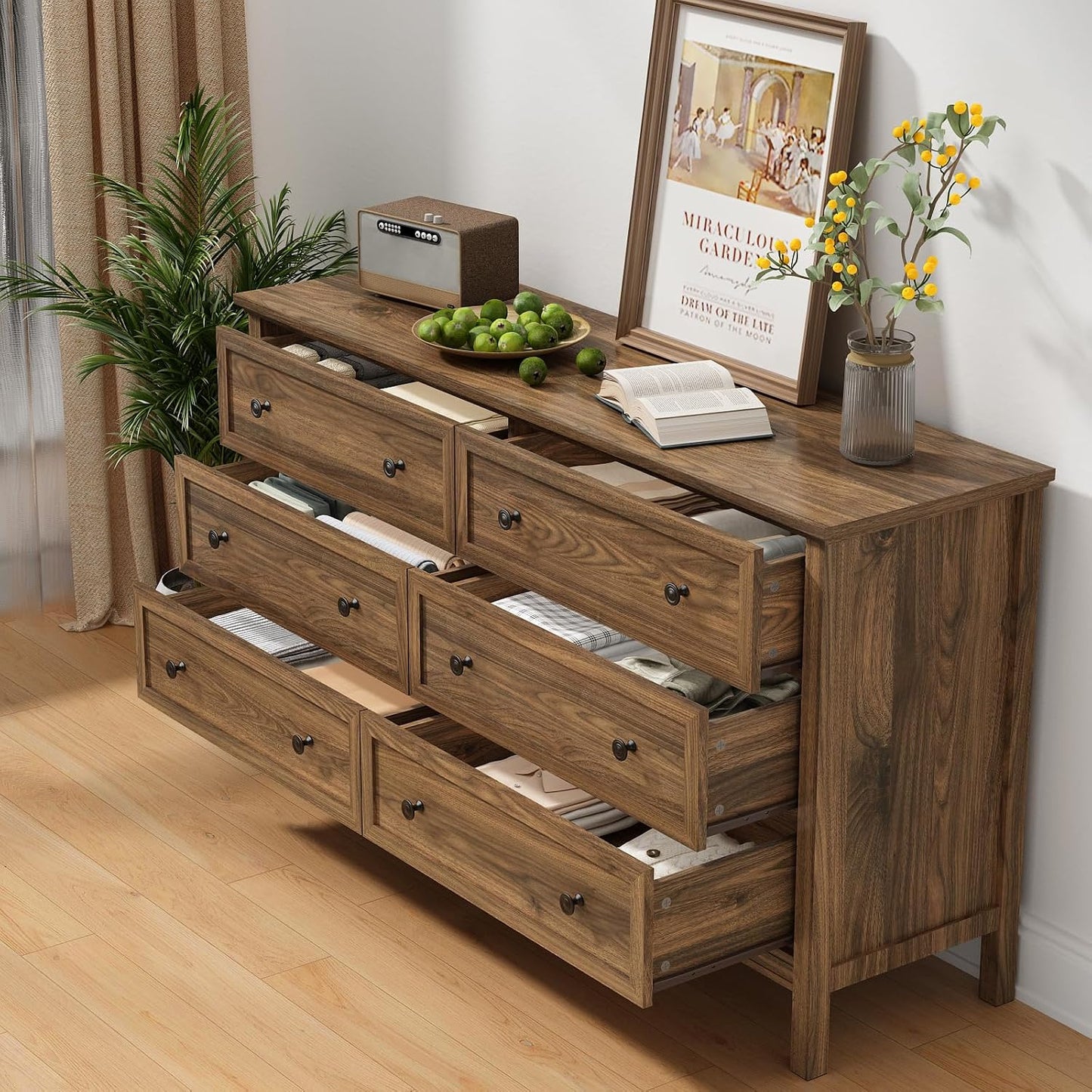 GoFurnitureHub Modern Walnut 6-Drawer Bedroom Dresser – 55"