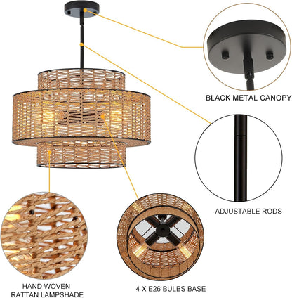 GoFurnitureHub Boho Bamboo Chandelier – Handwoven Rattan Farmhouse Ceiling Light, Black