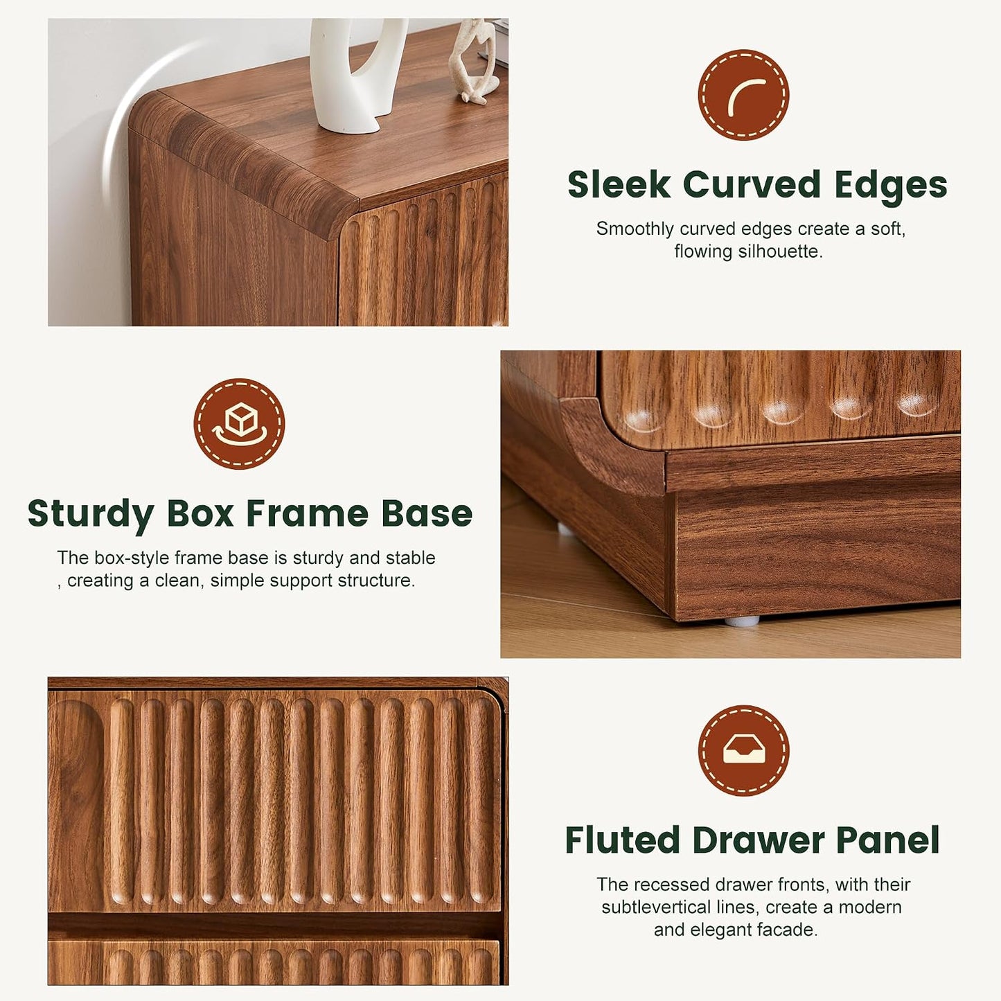 GoFurnitureHub 31.5" Mid-Century Modern 3-Drawer Dresser – Fluted Walnut Wood Storage Chest