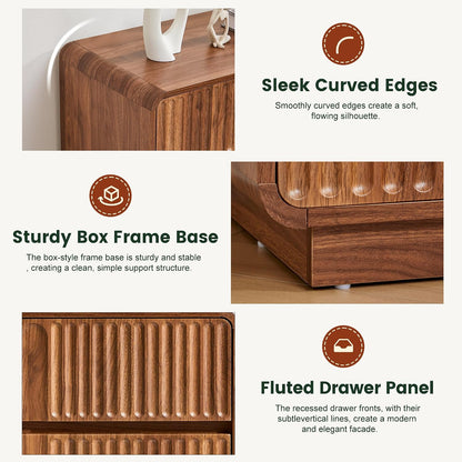 GoFurnitureHub 31.5" Mid-Century Modern 3-Drawer Dresser – Fluted Walnut Wood Storage Chest