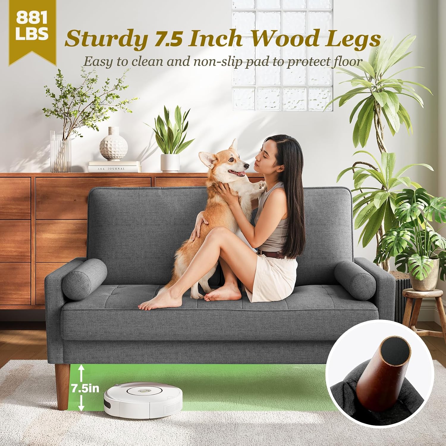 GoFurnitureHub Mid-Century Modern 2-Seater Sofa with Throw Pillow
