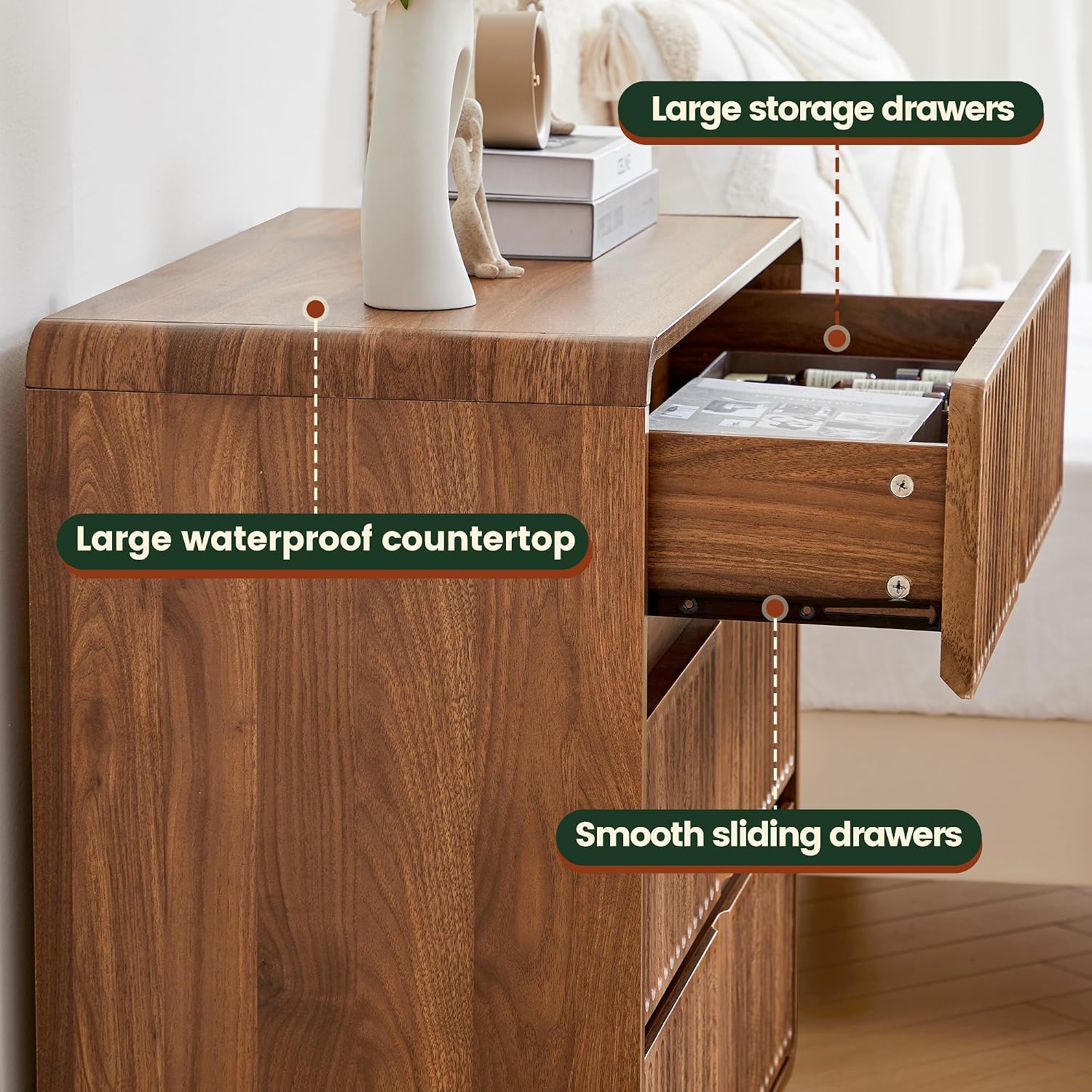 GoFurnitureHub 31.5" Mid-Century Modern 3-Drawer Dresser – Fluted Walnut Wood Storage Chest