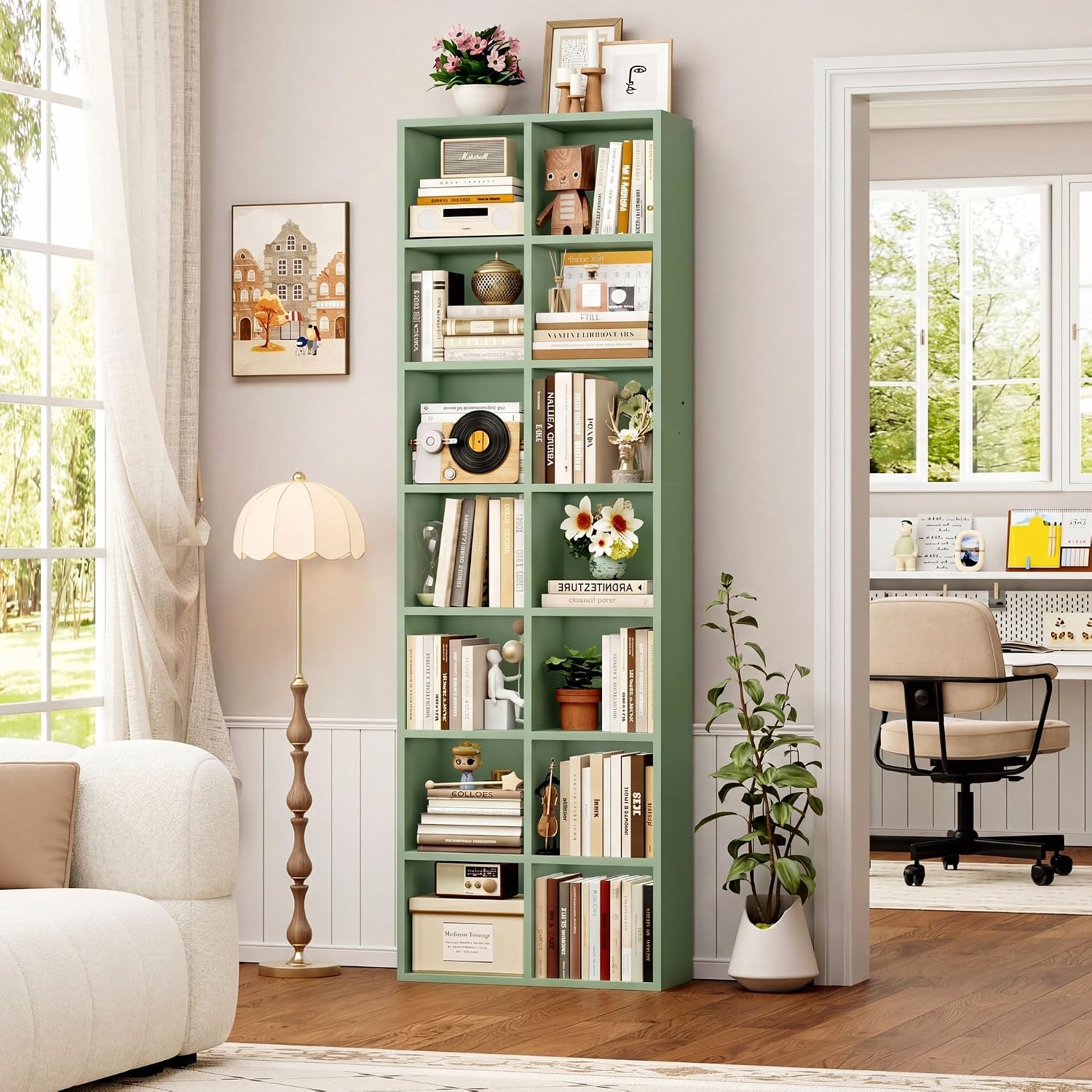 GoFurnitureHub 71" Tall 7-Tier Double Wide Bookshelf – 14-Cube Green Bookcase with Adjustable Shelves