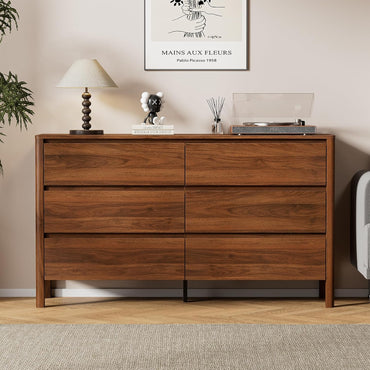 GoFurnitureHub 55" Mid-Century Modern 6-Drawer Dresser – Walnut Wood Storage Chest