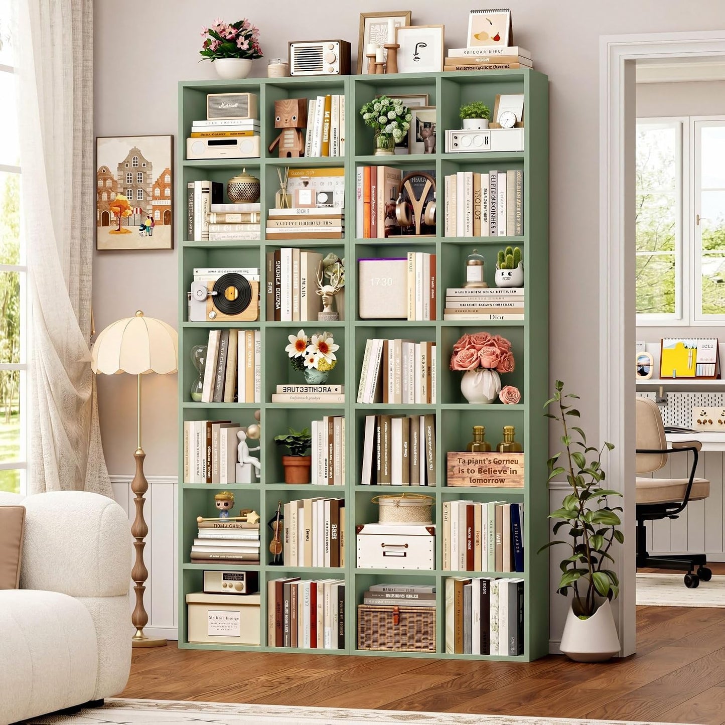 GoFurnitureHub 71" Tall 7-Tier Double Wide Bookshelf – 14-Cube Green Bookcase with Adjustable Shelves