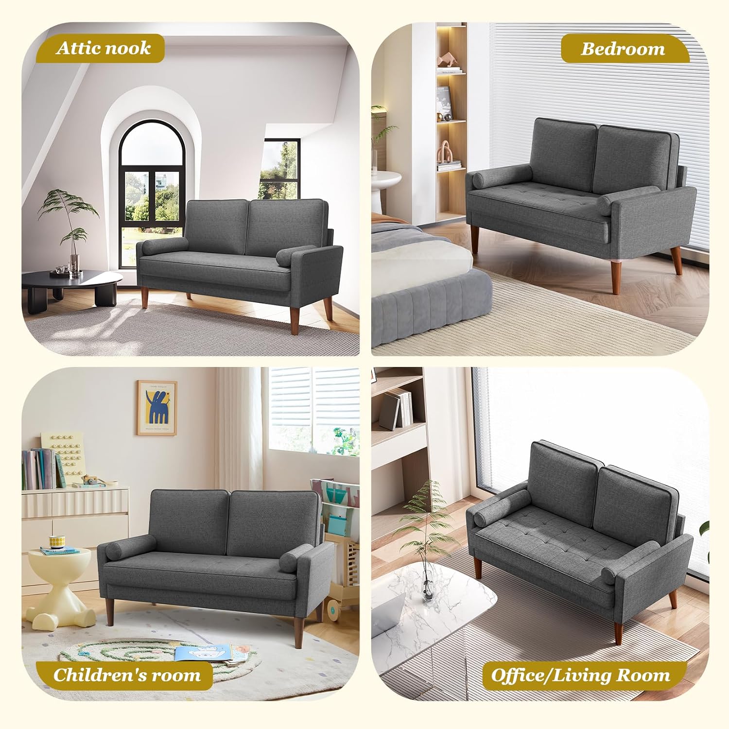 GoFurnitureHub Mid-Century Modern 2-Seater Sofa with Throw Pillow