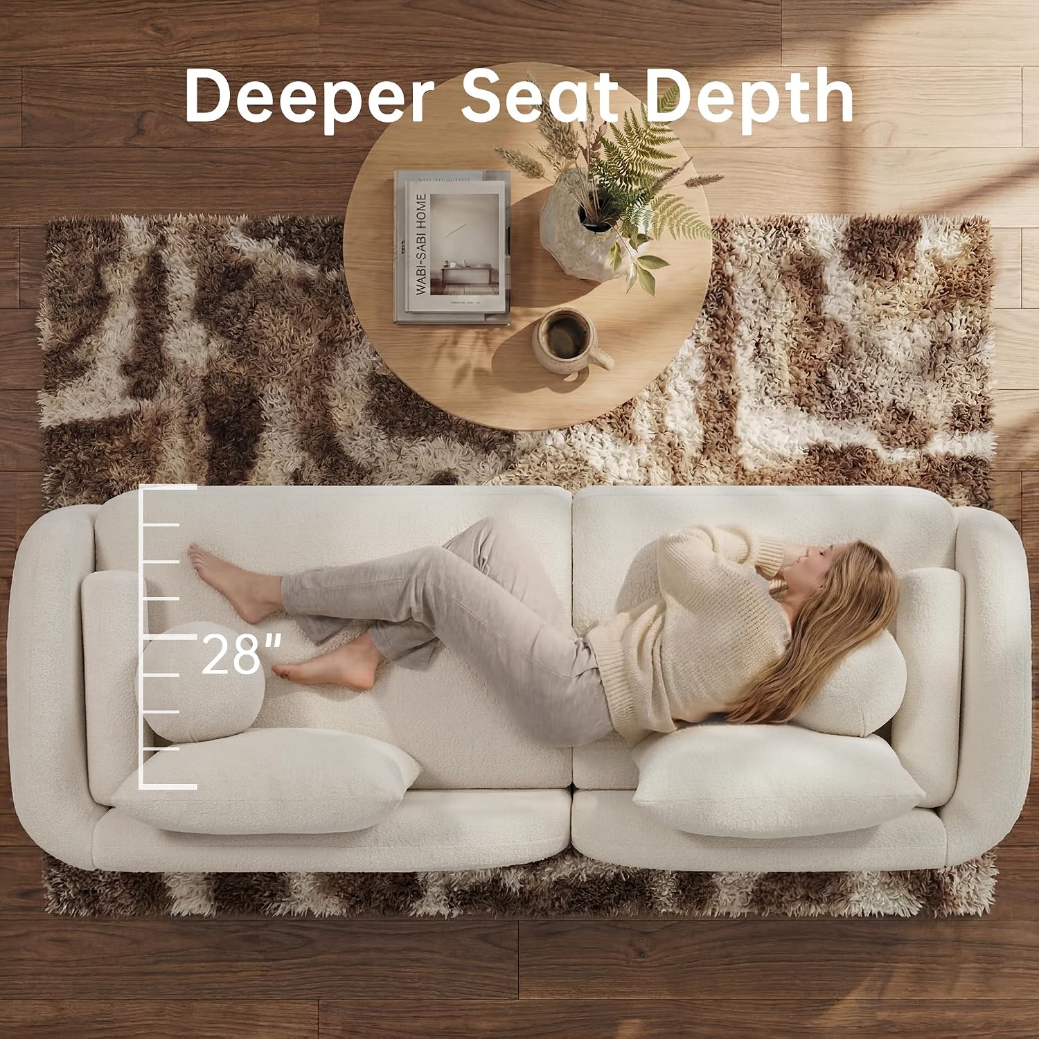 GoFurnitureHub 91.75" Curved Bouclé Sofa – Modern 3-Seater Cloud Couch with Wood Legs & Pillows