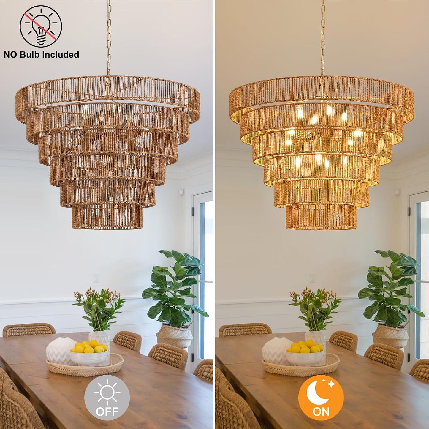 GoFurnitureHub 31.5" Large Gold Rattan Chandelier – 12-Light Handwoven Boho Farmhouse Drum Ceiling Light