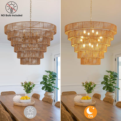 GoFurnitureHub 31.5" Large Gold Rattan Chandelier – 12-Light Handwoven Boho Farmhouse Drum Ceiling Light