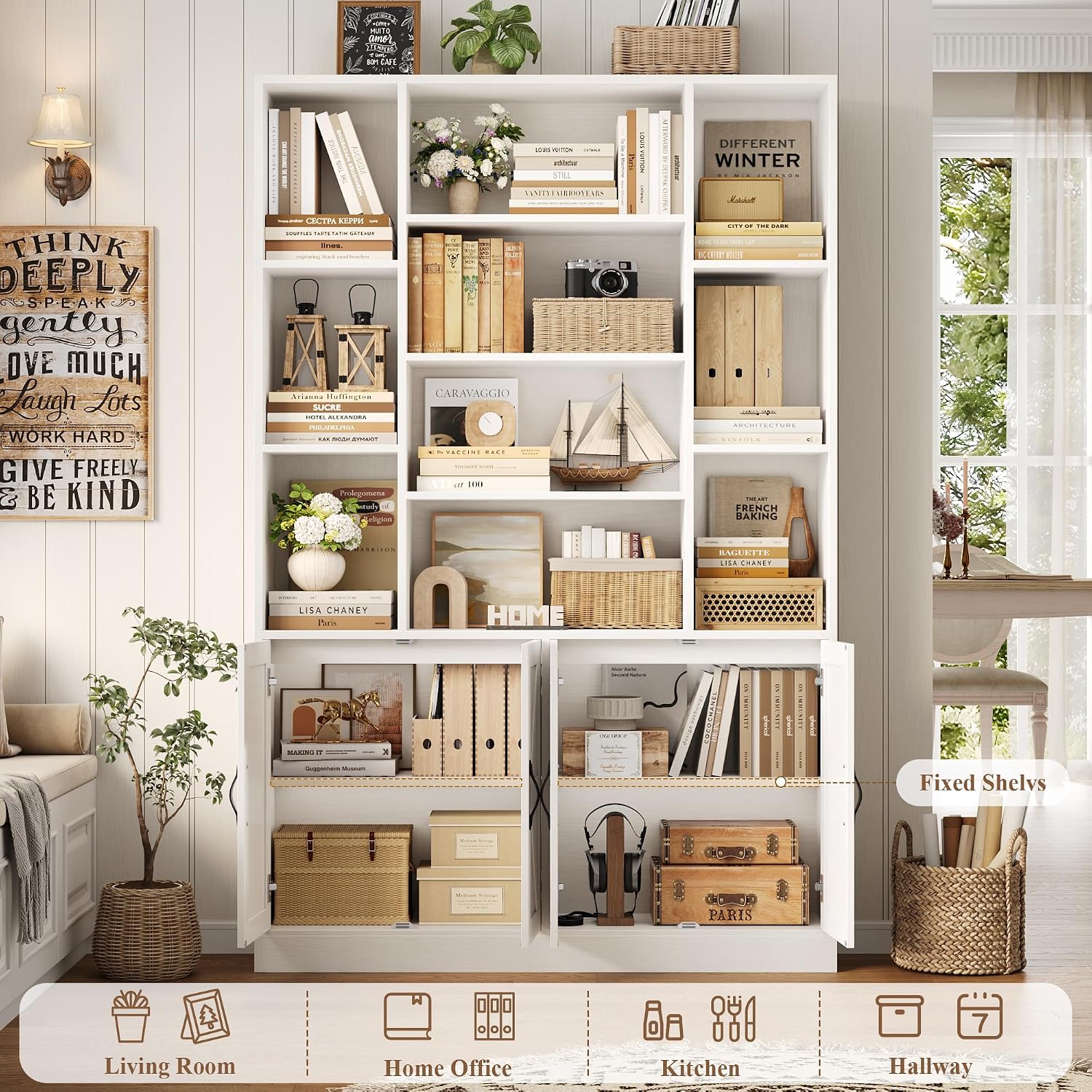 GoFurnitureHub 72" Farmhouse Bookcase with Storage Cabinet – 45" Wide Display Shelf with 4 Doors, White