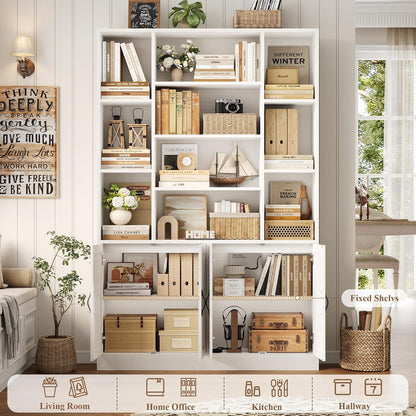 GoFurnitureHub 72" Farmhouse Bookcase with Storage Cabinet – 45" Wide Display Shelf with 4 Doors, White