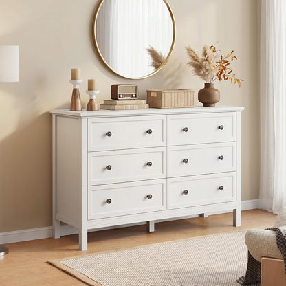 GoFurnitureHub 55" White 6-Drawer Dresser – Modern Wood Storage Chest with Metal Handles