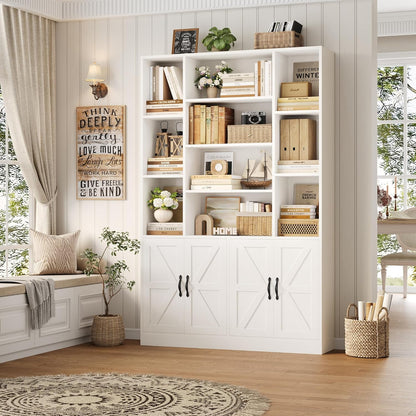 GoFurnitureHub 72" Farmhouse Bookcase with Storage Cabinet – 45" Wide Display Shelf with 4 Doors, White