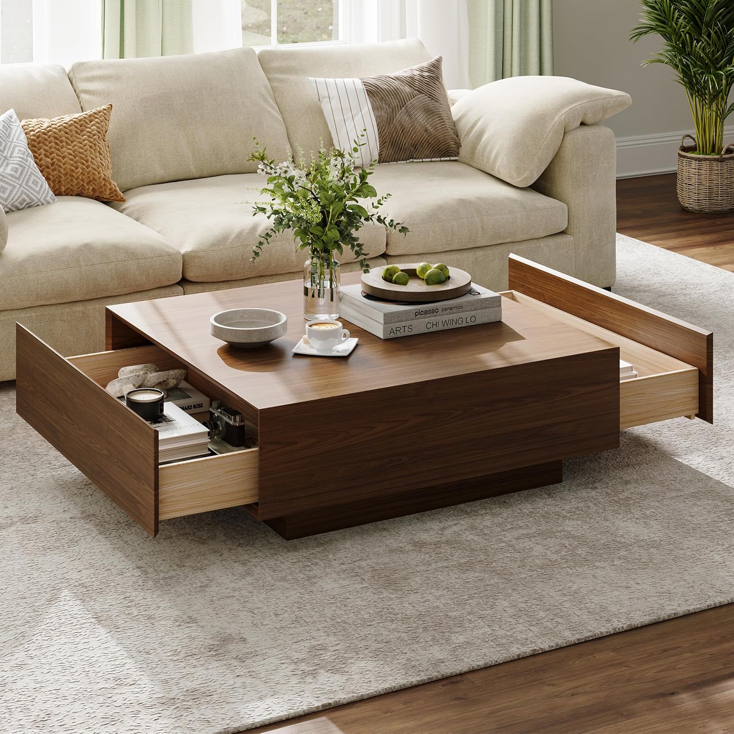 GoFurnitureHub 39.4" Modern Square Coffee Table – Walnut Wood Coffee Table with Hidden Storage