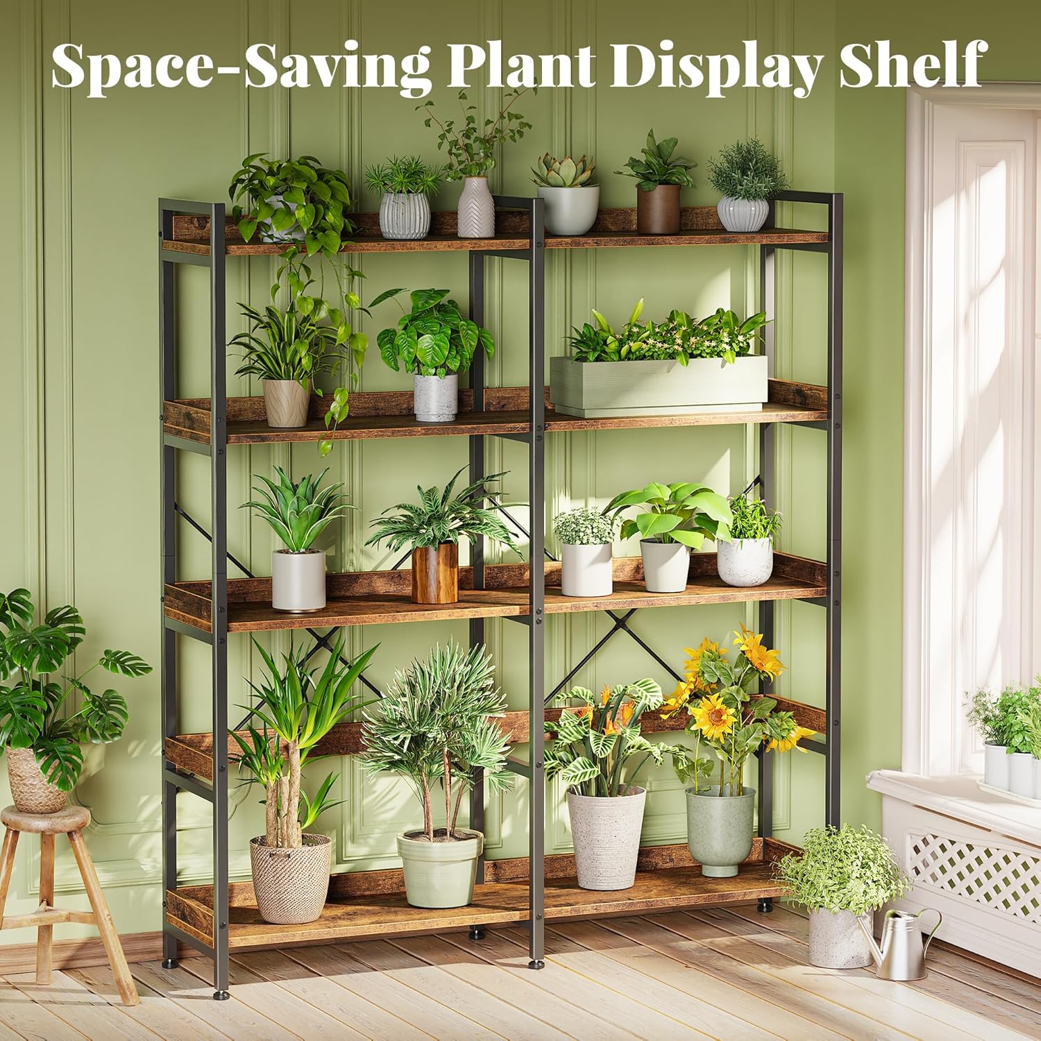 GoFurnitureHub 47.2" Industrial 5-Tier Bookshelf – Wide 10-Shelf Rustic Brown Bookcase with Metal Frame