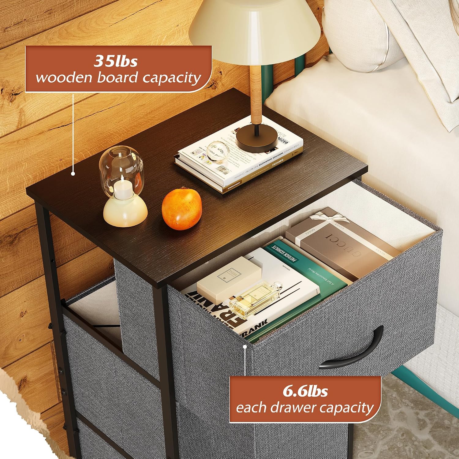 GoFurnitureHub 3-Drawer Fabric Dresser Nightstand – Dark Grey Storage Organizer with Wood Top & Steel Frame