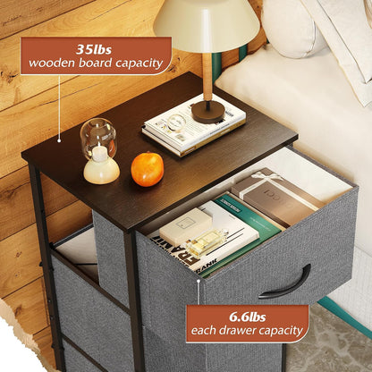 GoFurnitureHub 3-Drawer Fabric Dresser Nightstand – Dark Grey Storage Organizer with Wood Top & Steel Frame