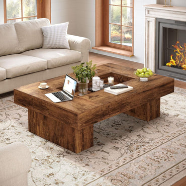 GoFurnitureHub 47.2" Rustic Coffee Table Modern Wood Center Table with LED Lighting & Storage, Rustic Brown
