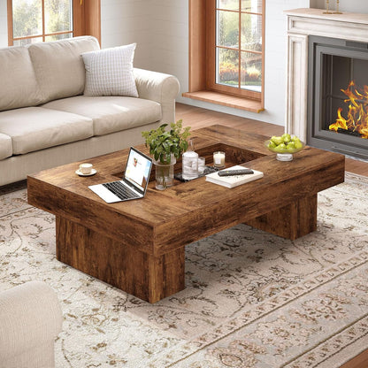 GoFurnitureHub 47.2" Rustic Coffee Table Modern Wood Center Table with LED Lighting & Storage, Rustic Brown