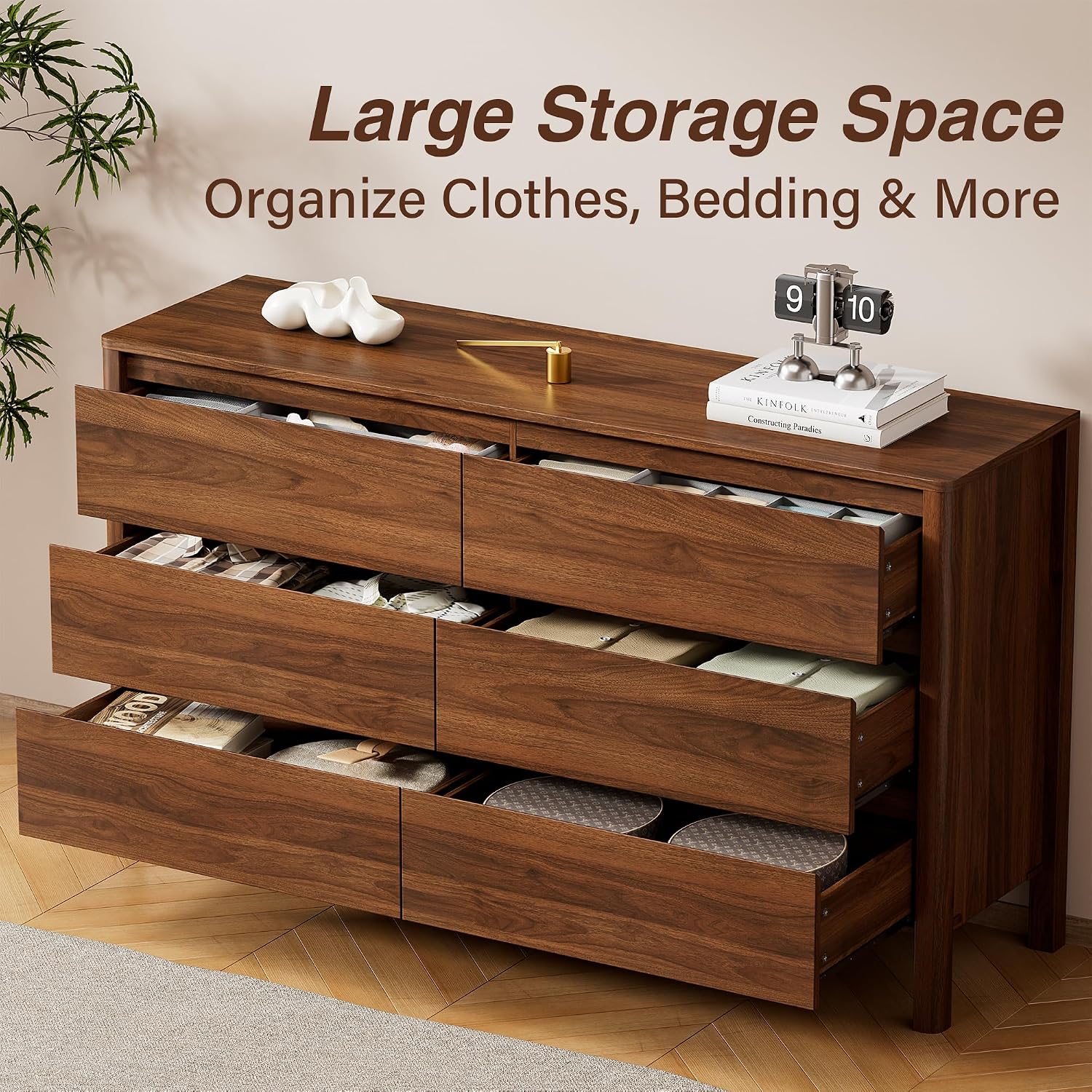 GoFurnitureHub 55" Mid-Century Modern 6-Drawer Dresser – Walnut Wood Storage Chest