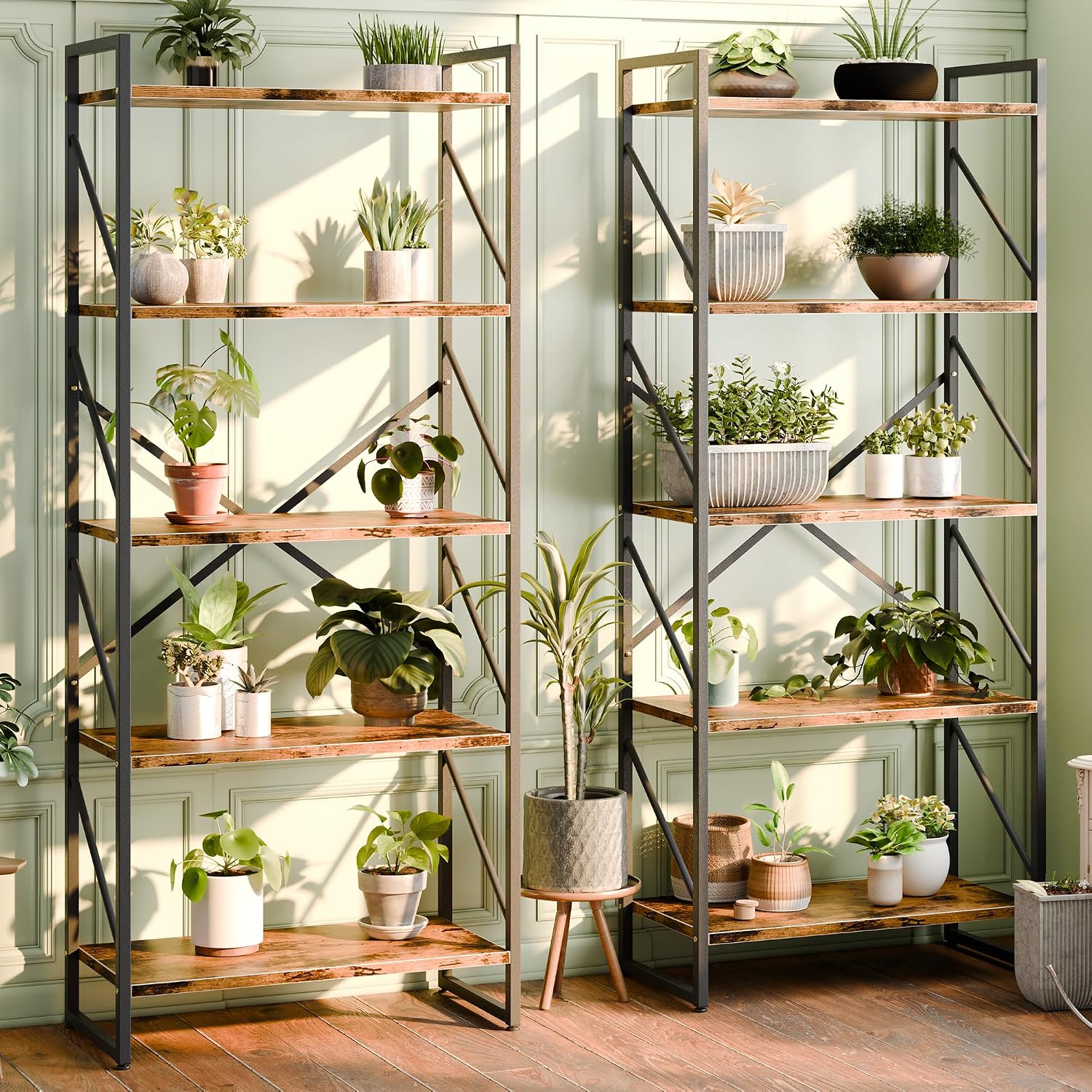 GoFurnitureHub Industrial 5-Tier Bookshelf Set of 2 – Rustic Brown Metal & Wood Display Shelves