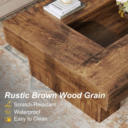GoFurnitureHub 47.2" Rustic Coffee Table Modern Wood Center Table with LED Lighting & Storage, Rustic Brown