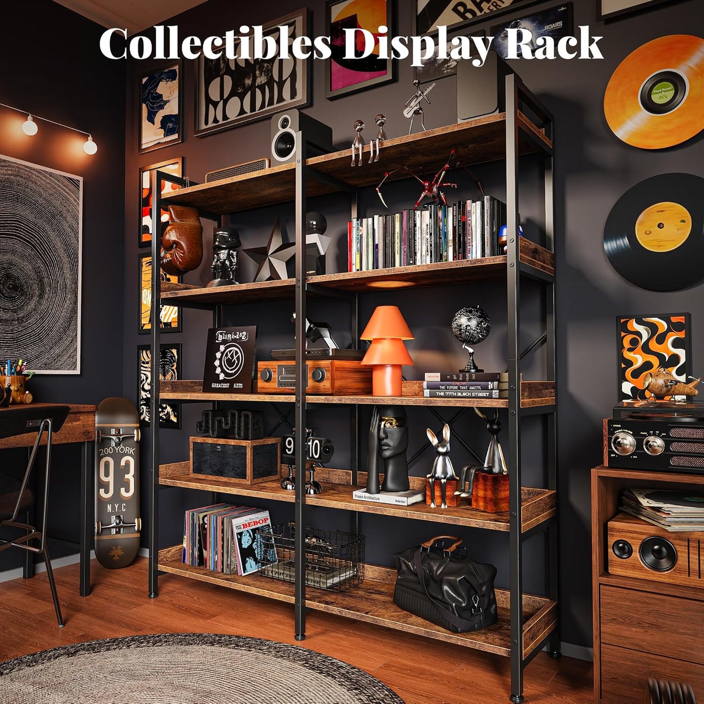 GoFurnitureHub 47.2" Industrial 5-Tier Bookshelf – Wide 10-Shelf Rustic Brown Bookcase with Metal Frame