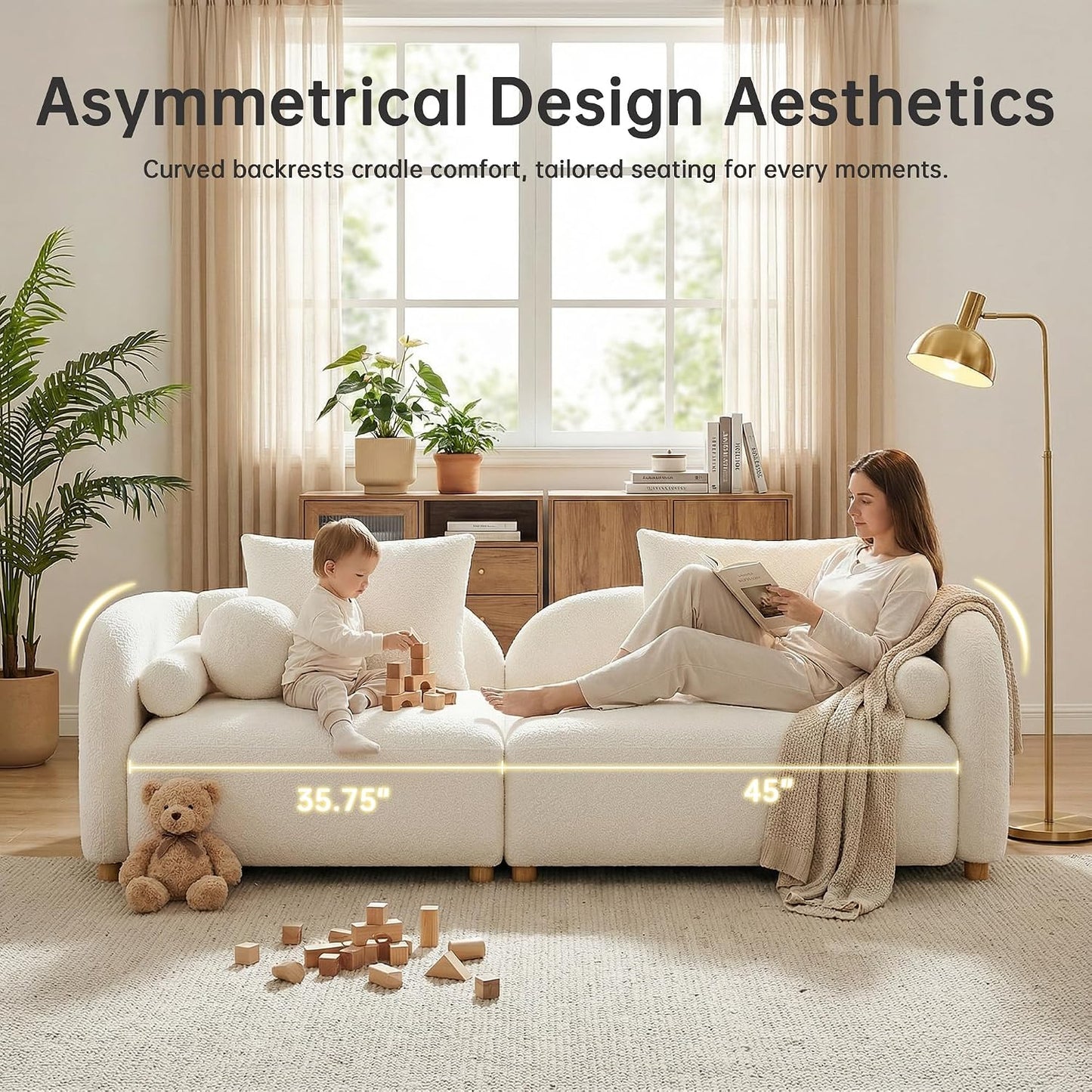 GoFurnitureHub 91.75" Curved Bouclé Sofa – Modern 3-Seater Cloud Couch with Wood Legs & Pillows