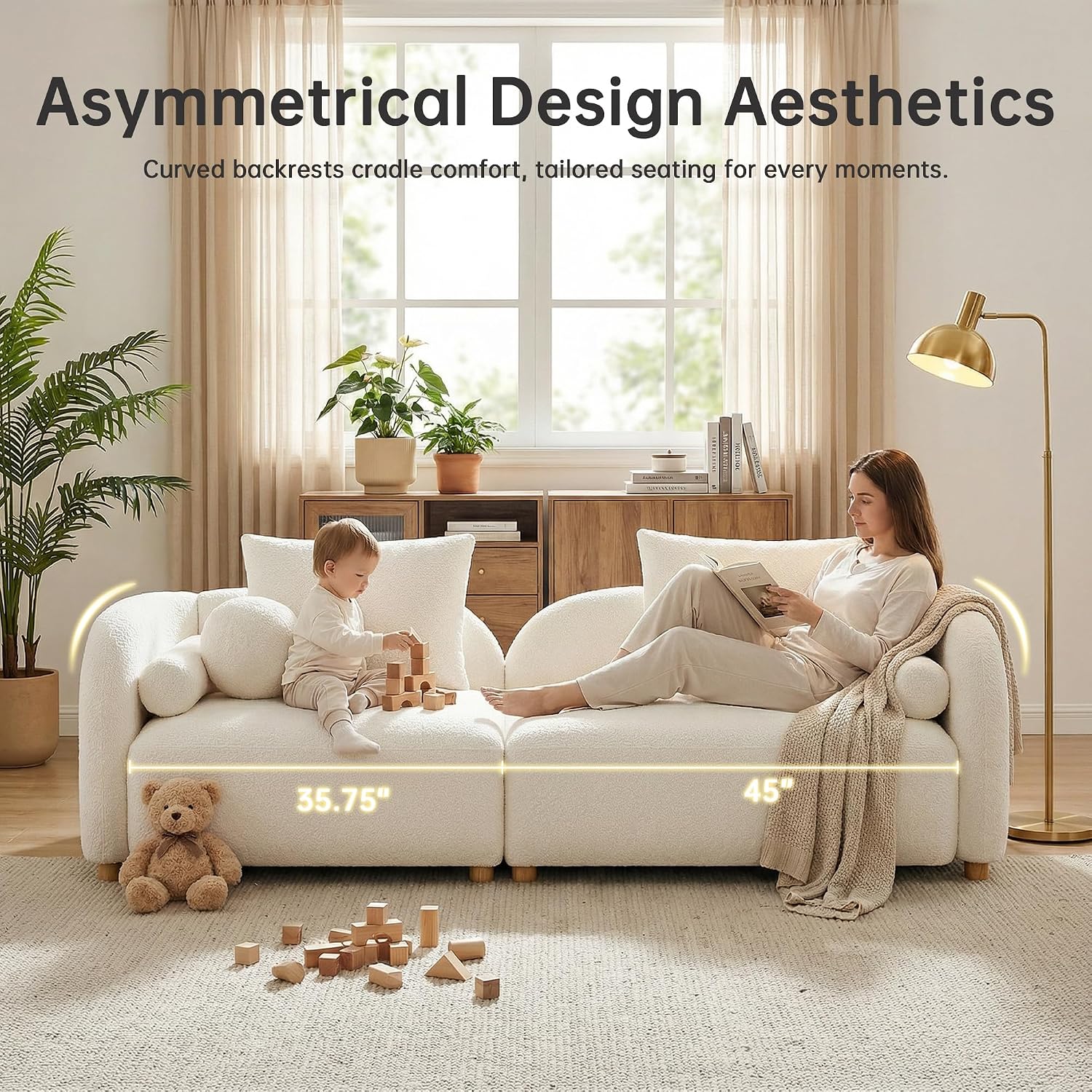 GoFurnitureHub 91.75" Curved Bouclé Sofa – Modern 3-Seater Cloud Couch with Wood Legs & Pillows