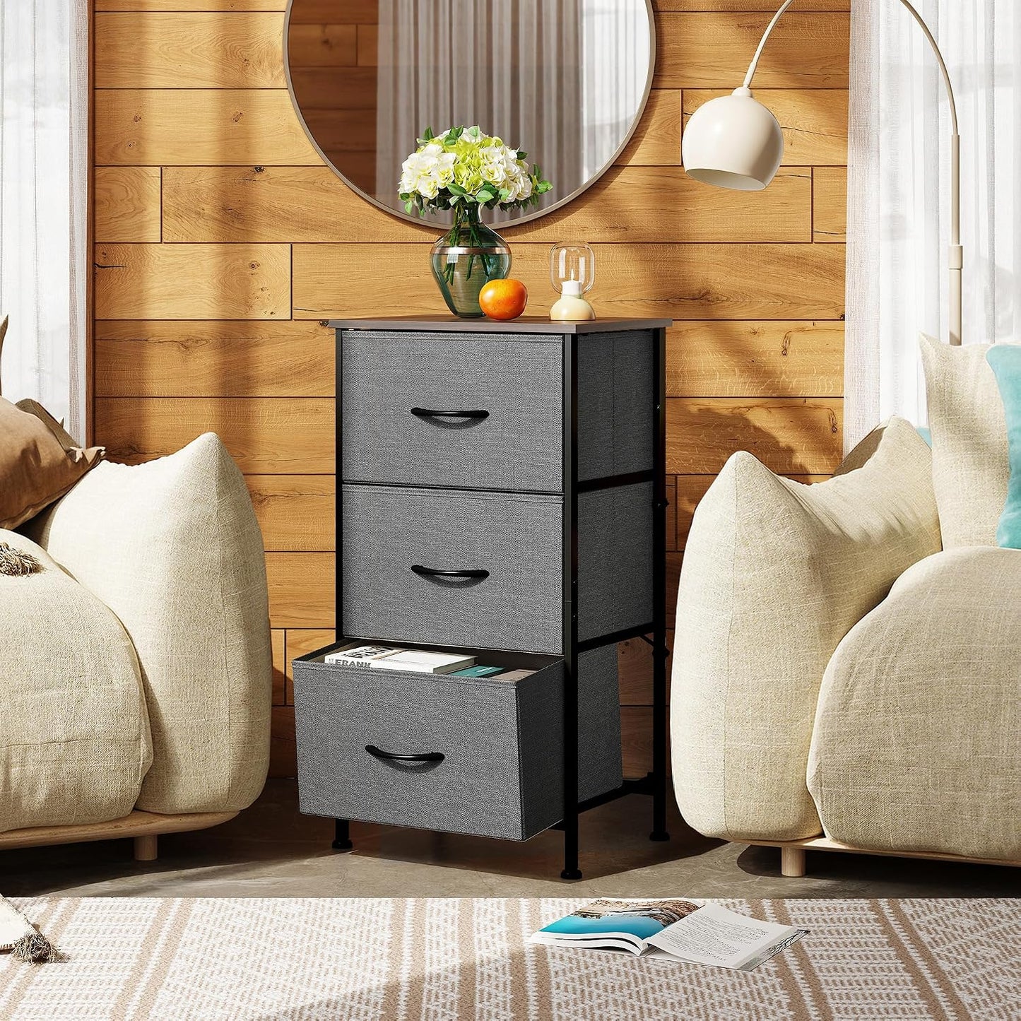 GoFurnitureHub 3-Drawer Fabric Dresser Nightstand – Dark Grey Storage Organizer with Wood Top & Steel Frame