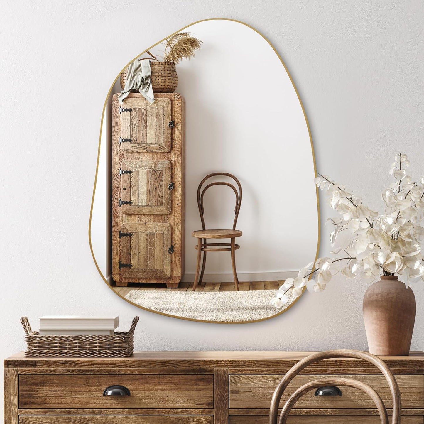 GoFurnitureHub Asymmetrical Gold Wall Mirror – 32" × 24" Modern Decorative Mirror