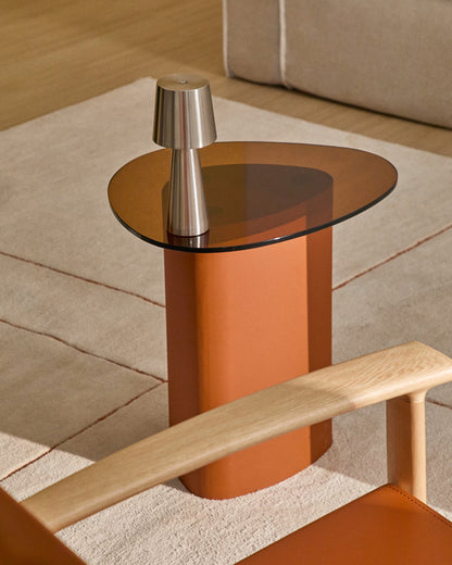 Modern Amber Glass Side Table with Sculptural Pedestal Base – Terracotta