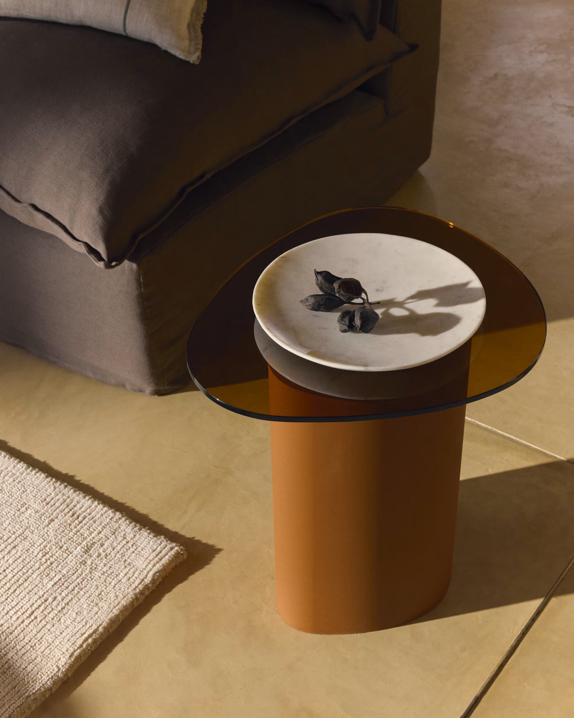 Modern Amber Glass Side Table with Sculptural Pedestal Base – Terracotta