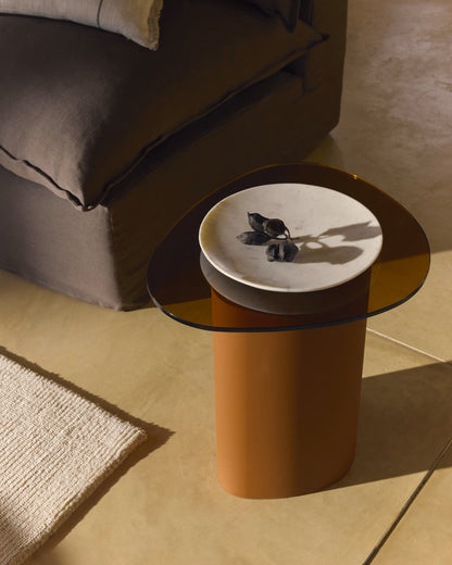 Modern Amber Glass Side Table with Sculptural Pedestal Base – Terracotta