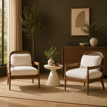 GoFurnitureHub Modern Rattan Accent Chair Set of 2 – Beige Cushioned Wooden Club Chairs with Open Back