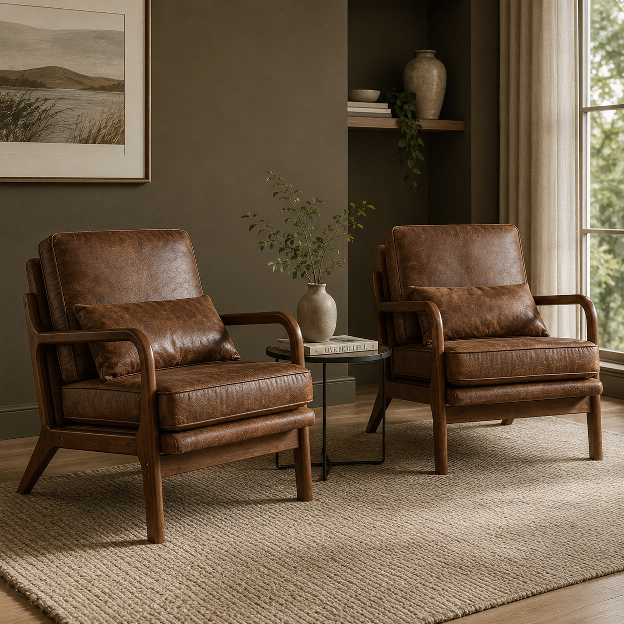 GoFurnitureHub Set of 2 Mid-Century Accent Chairs with Solid Wood Arms