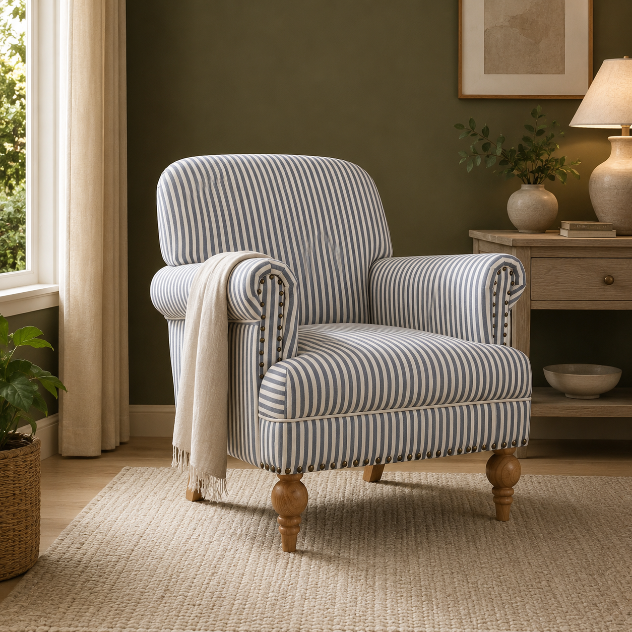 GoFurnitureHub Blue Striped Linen Accent Chair with Turned Wood Legs