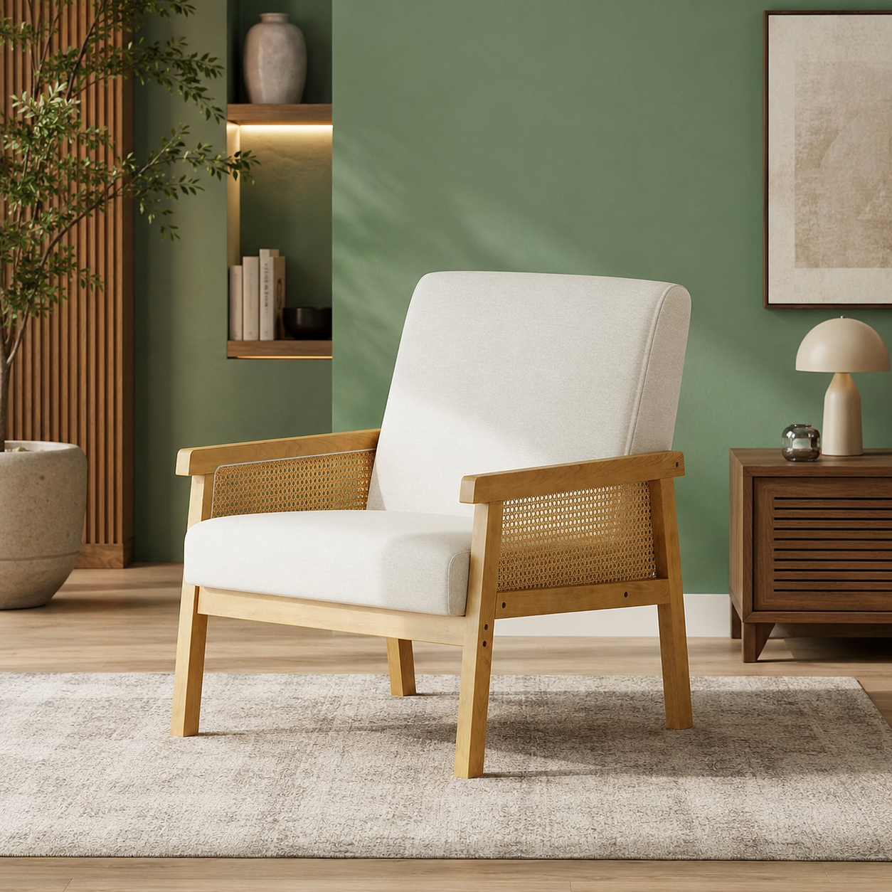 GoFurnitureHub Modern Rattan Accent Chair – Upholstered Linen Armchair in Beige