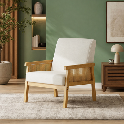 GoFurnitureHub Modern Rattan Accent Chair – Upholstered Linen Armchair in Beige