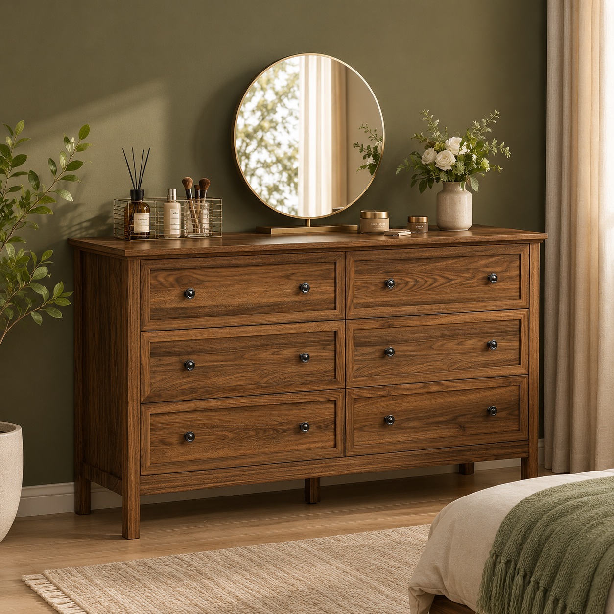 GoFurnitureHub Modern Walnut 6-Drawer Bedroom Dresser – 55"