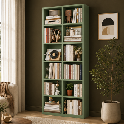 GoFurnitureHub 71" Tall 7-Tier Double Wide Bookshelf – 14-Cube Green Bookcase with Adjustable Shelves