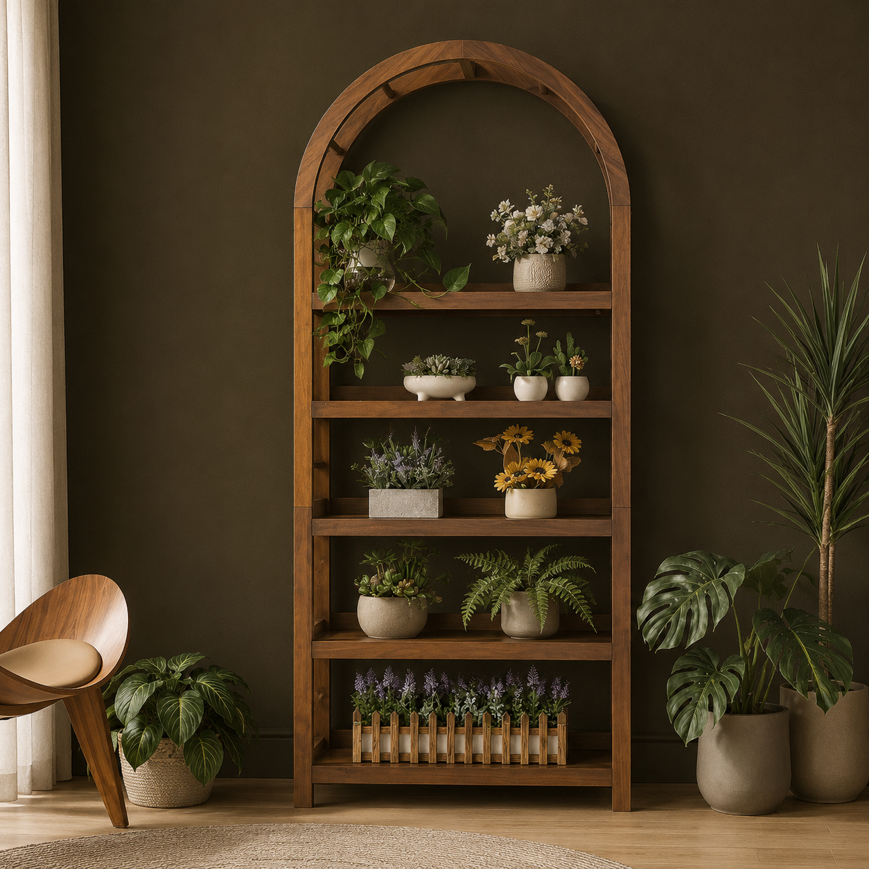 GoFurnitureHub 5-Tier Solid Wood Arched Bookshelf – Modern Walnut Open Display Bookcase for Home & Office