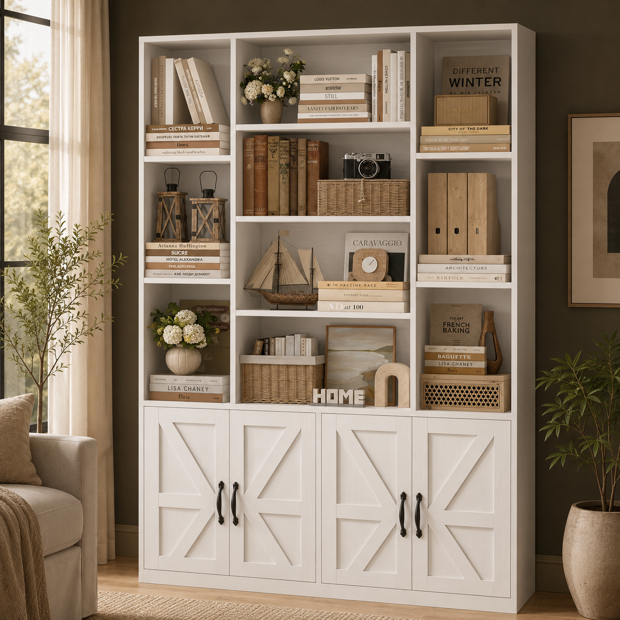 GoFurnitureHub 72" Farmhouse Bookcase with Storage Cabinet – 45" Wide Display Shelf with 4 Doors, White