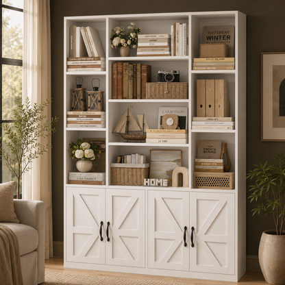 GoFurnitureHub 72" Farmhouse Bookcase with Storage Cabinet – 45" Wide Display Shelf with 4 Doors, White
