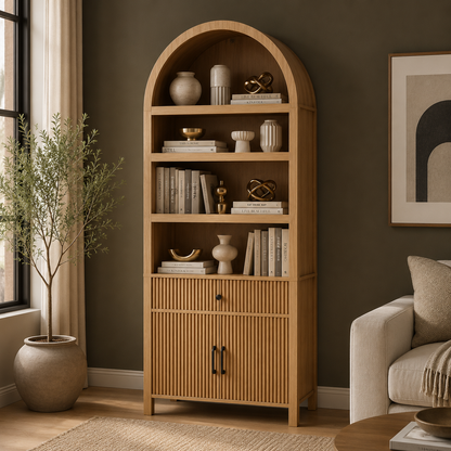 GoFurnitureHub 70" Mid-Century Arched Bookcase with Storage Cabinet