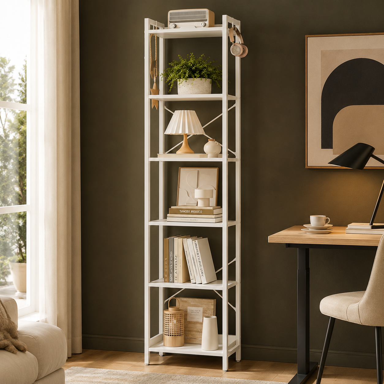 GoFurnitureHub 6-Tier Industrial Corner Bookcase – White Storage Shelf with Hooks