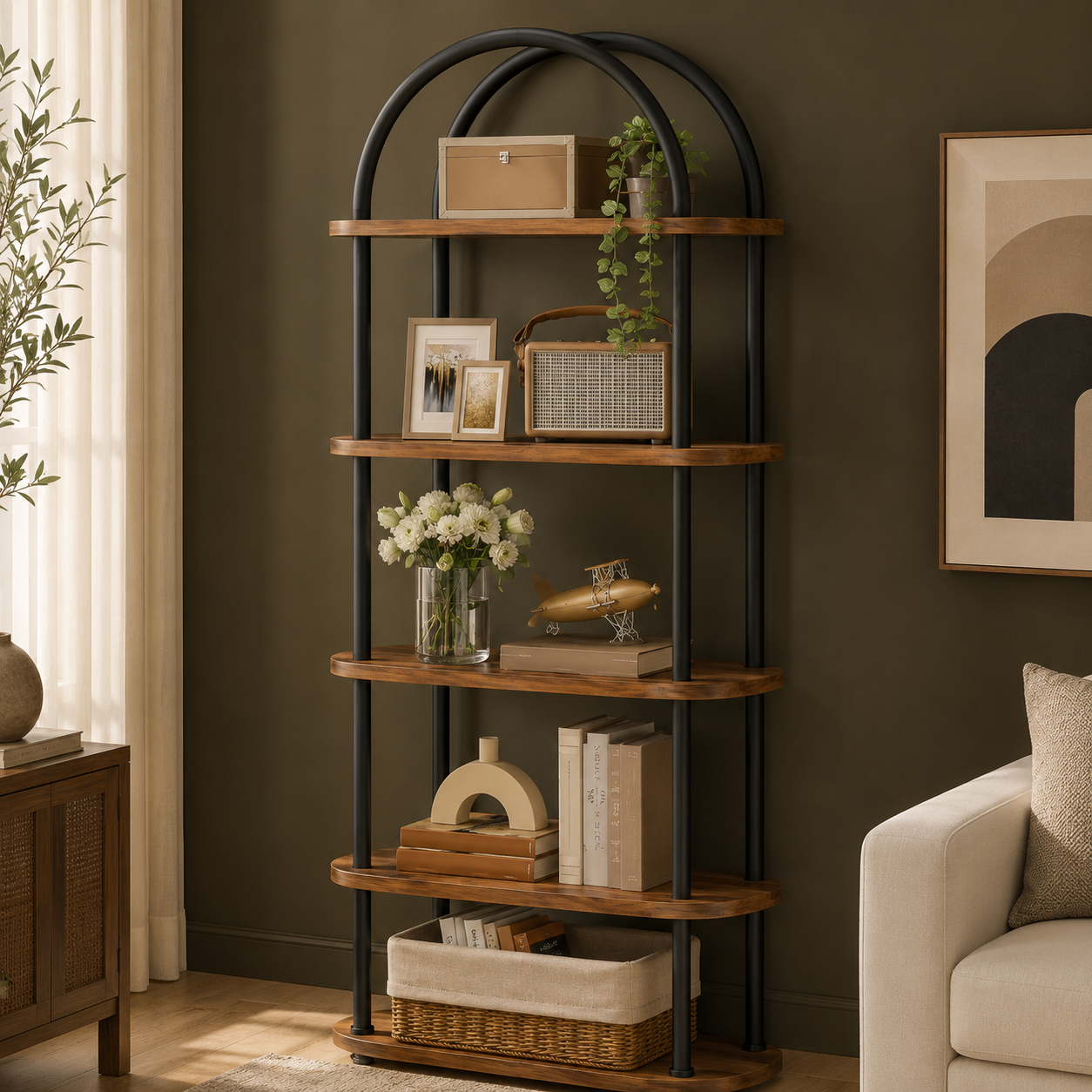 GoFurnitureHub 5-Tier Arched Bookcase – Industrial Wood & Metal Display Shelf, Rustic Brown